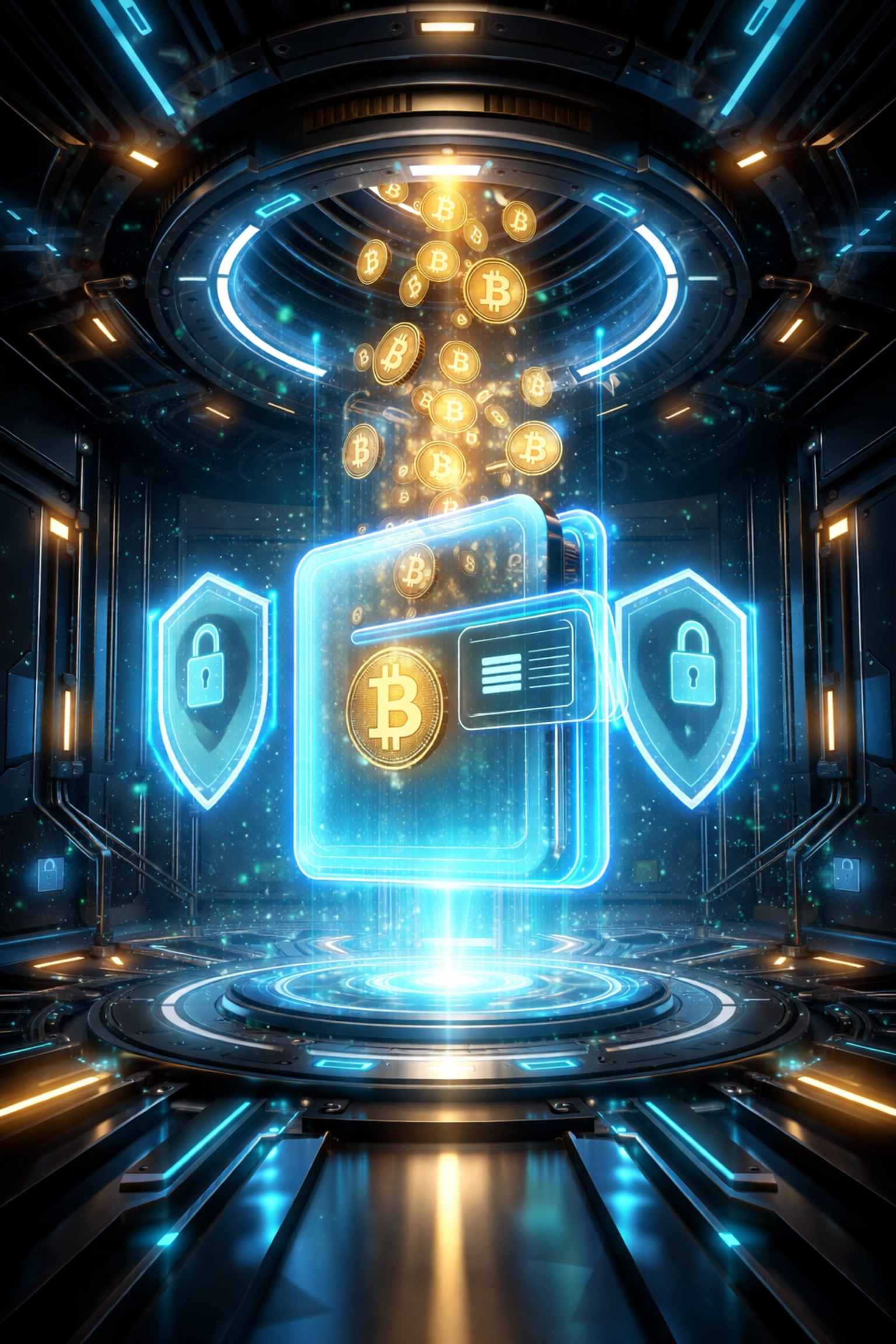 Futuristic digital crypto wallet with coins flowing in, symbolizing self-custody and secure Web3 payments compliance.