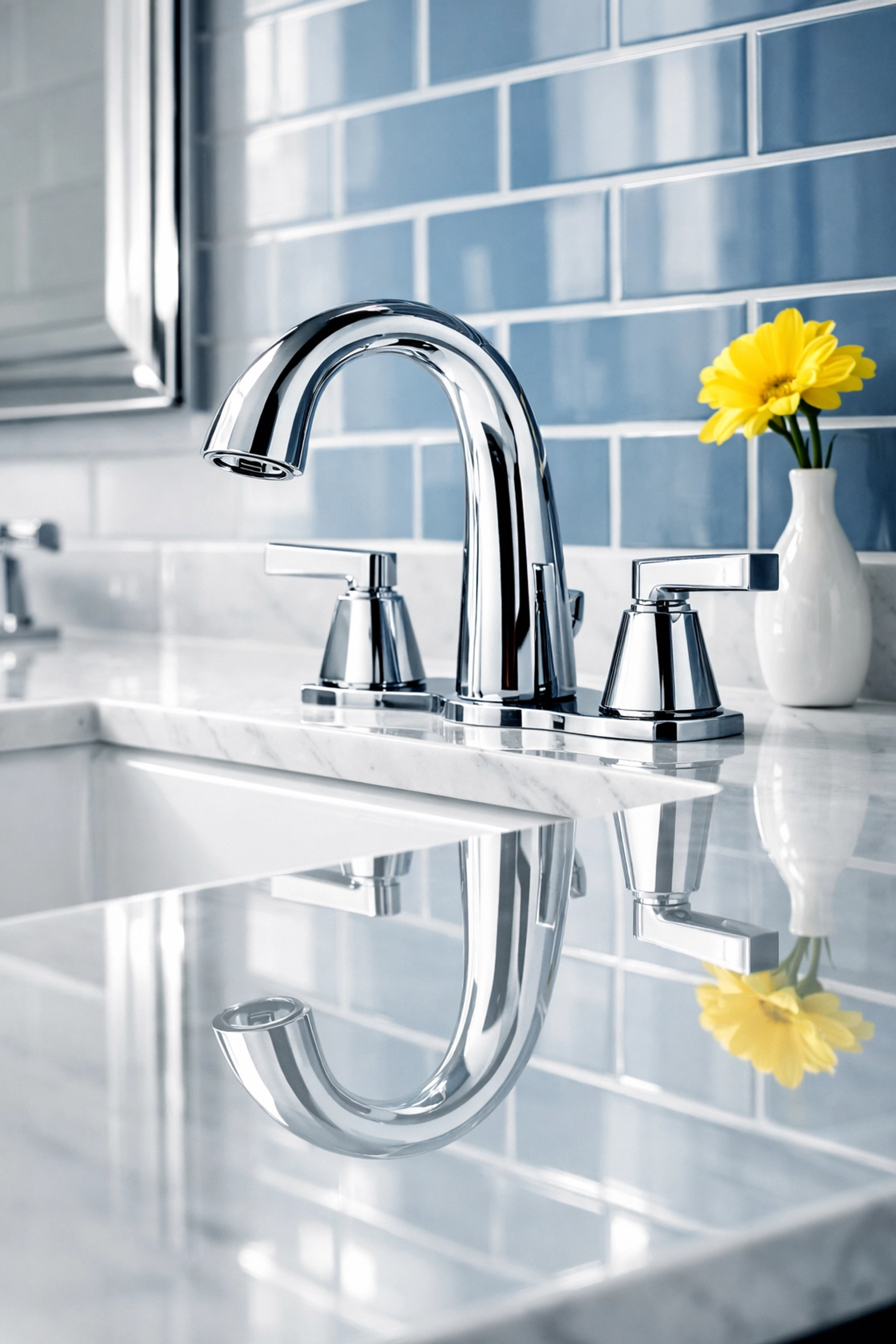 Sparkling clean bathroom vanity and faucet following a professional house cleaning session in Oakham.