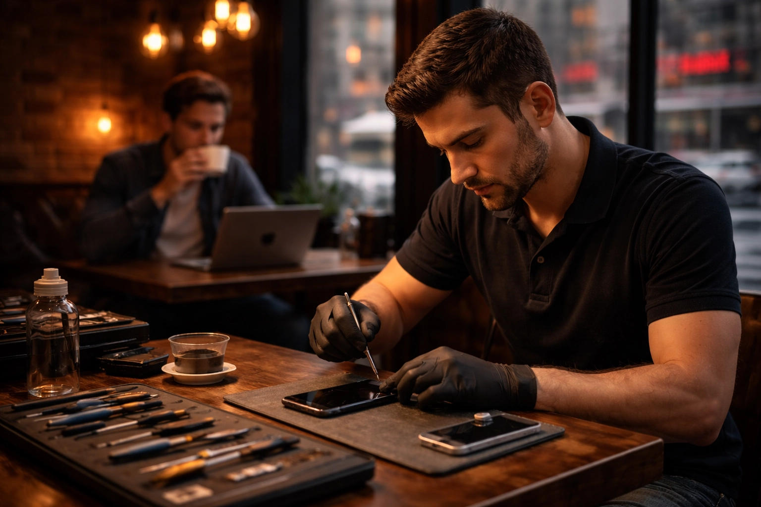 Phone repair technician fixing a smartphone at a Manhattan café as customer relaxes nearby, highlighting on-site service.