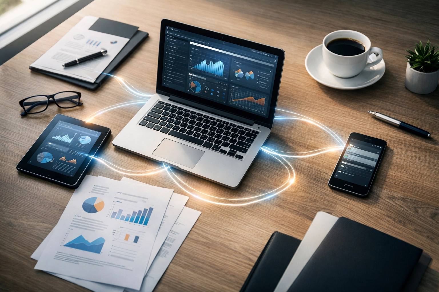Multiple devices connected by data flows illustrating AI system integration in business