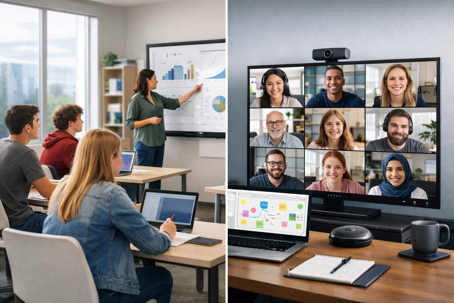 Hybrid learning environment combining in-person classroom and virtual collaboration for students