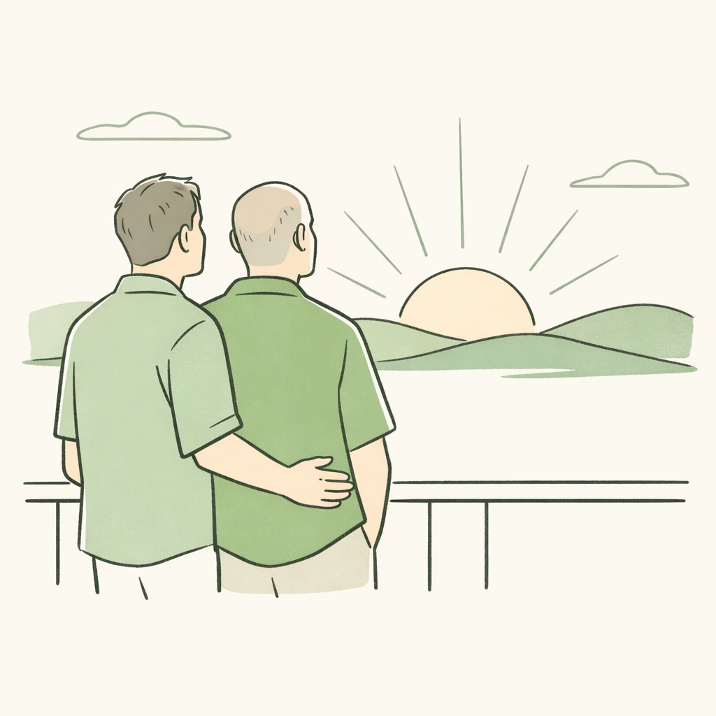 Middle-aged MM couple on a balcony at sunrise, representing a late-life queer awakening and discovery.