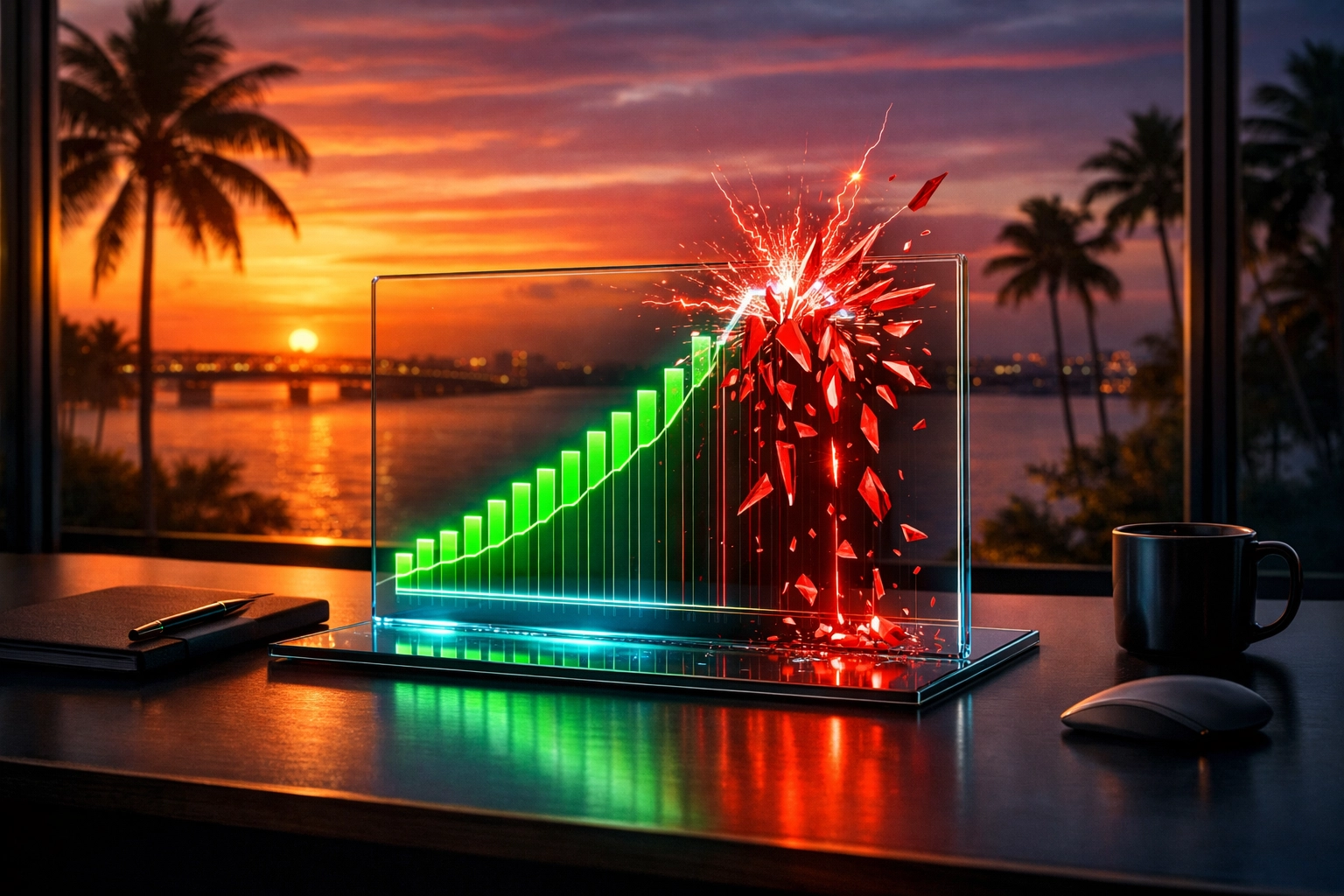 Digital growth chart in a Sarasota office showing the sudden traffic loss caused by black-hat SEO tactics.