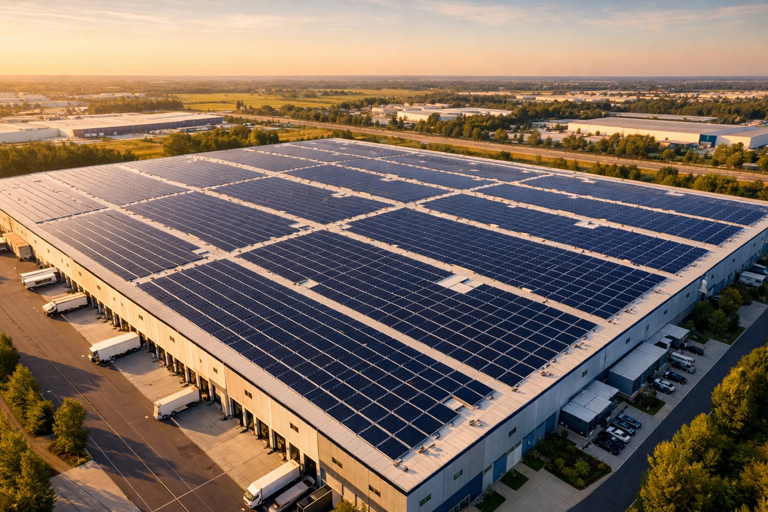 Aerial view of a warehouse with a business solar power installation to maximize commercial ROI.