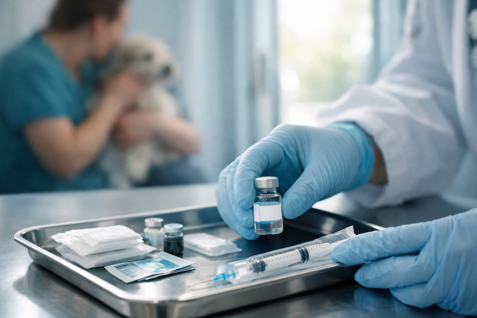 A veterinarian preparing a vaccination and sterilization starter pack for a free spay neuter clinic.