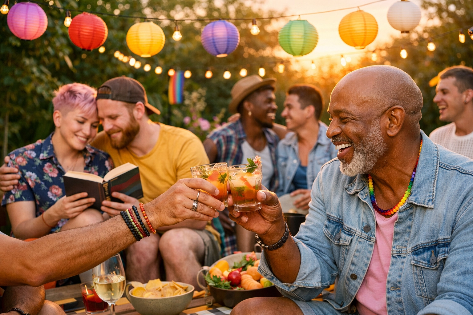 A joyful LGBTQ+ group at a garden party, representing inclusive queer storytelling and found family.