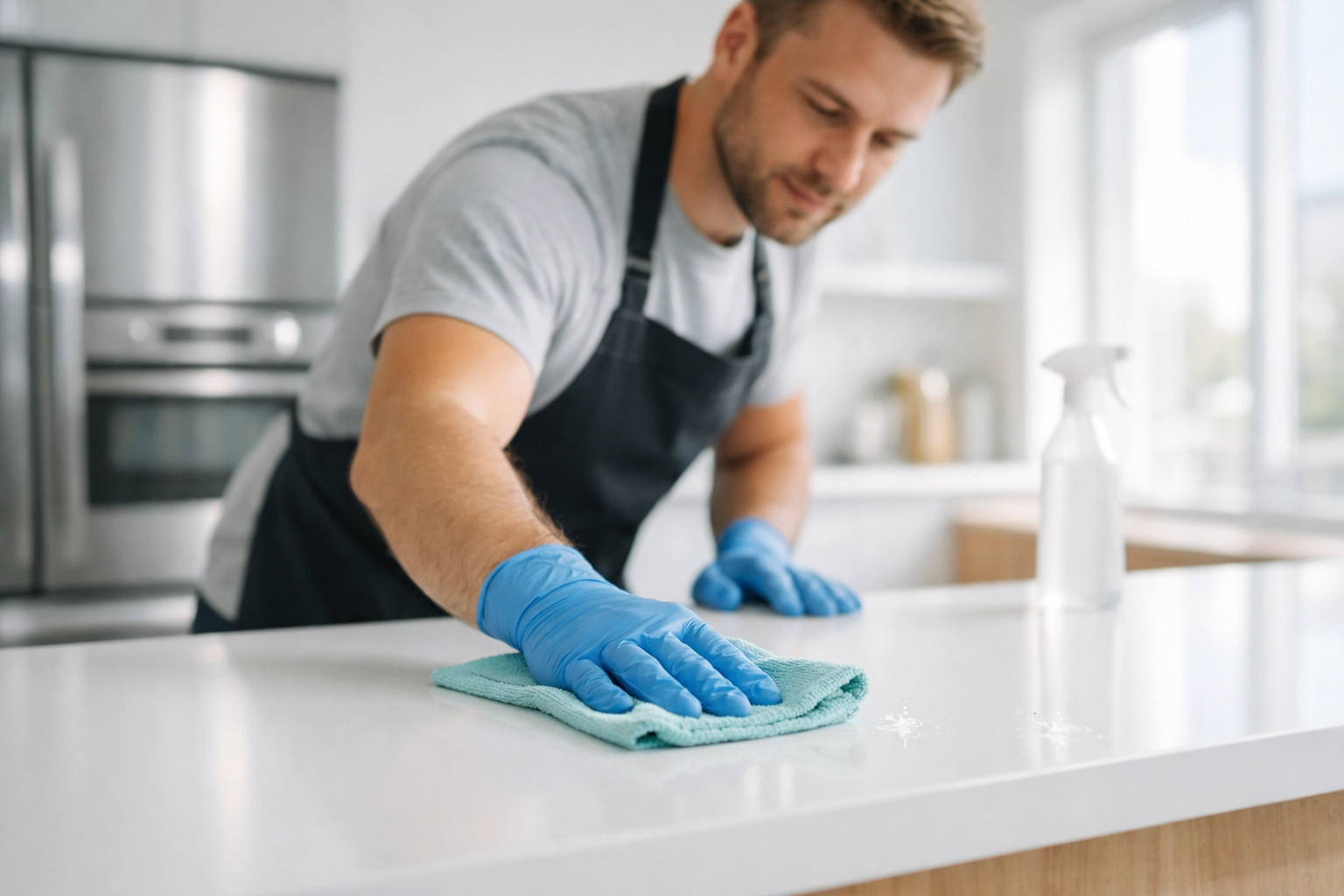 Professional cleaner wiping kitchen countertop during apartment turnover