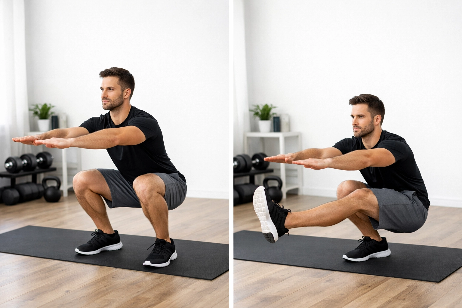 Bodyweight squat progression comparison showing standard and pistol squat variations