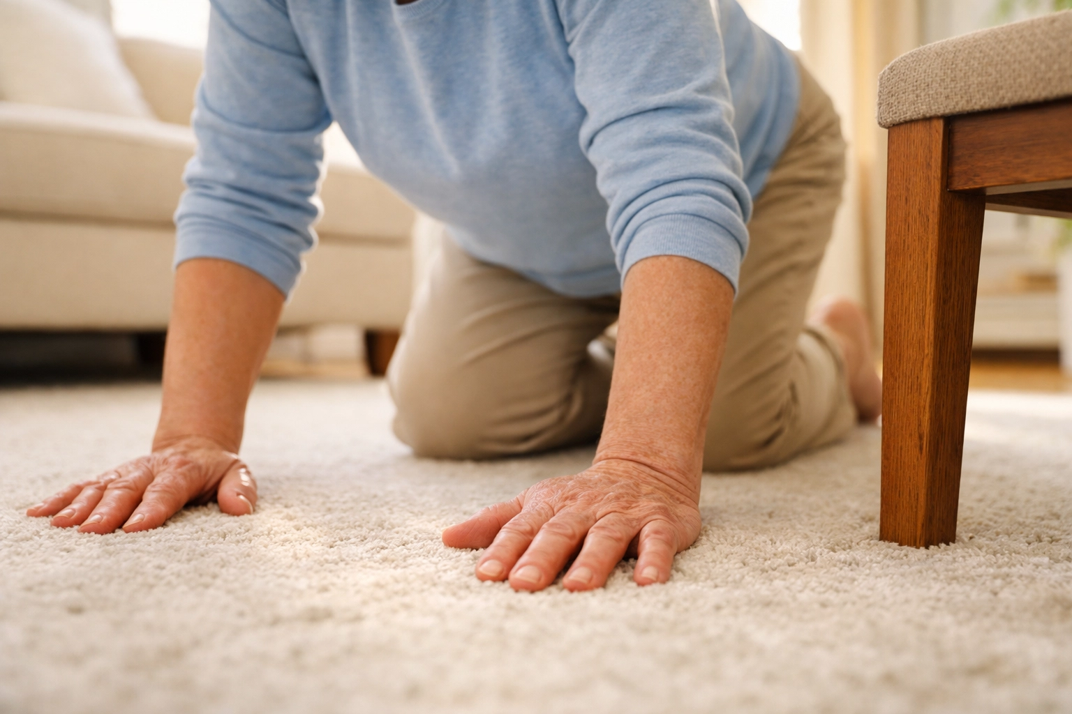 Person in stable all-fours crawling position on floor preparing to get up after fall