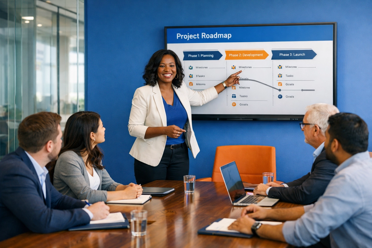Black woman executive leading a collaborative team meeting and discussing a strategic project roadmap in a boardroom.
