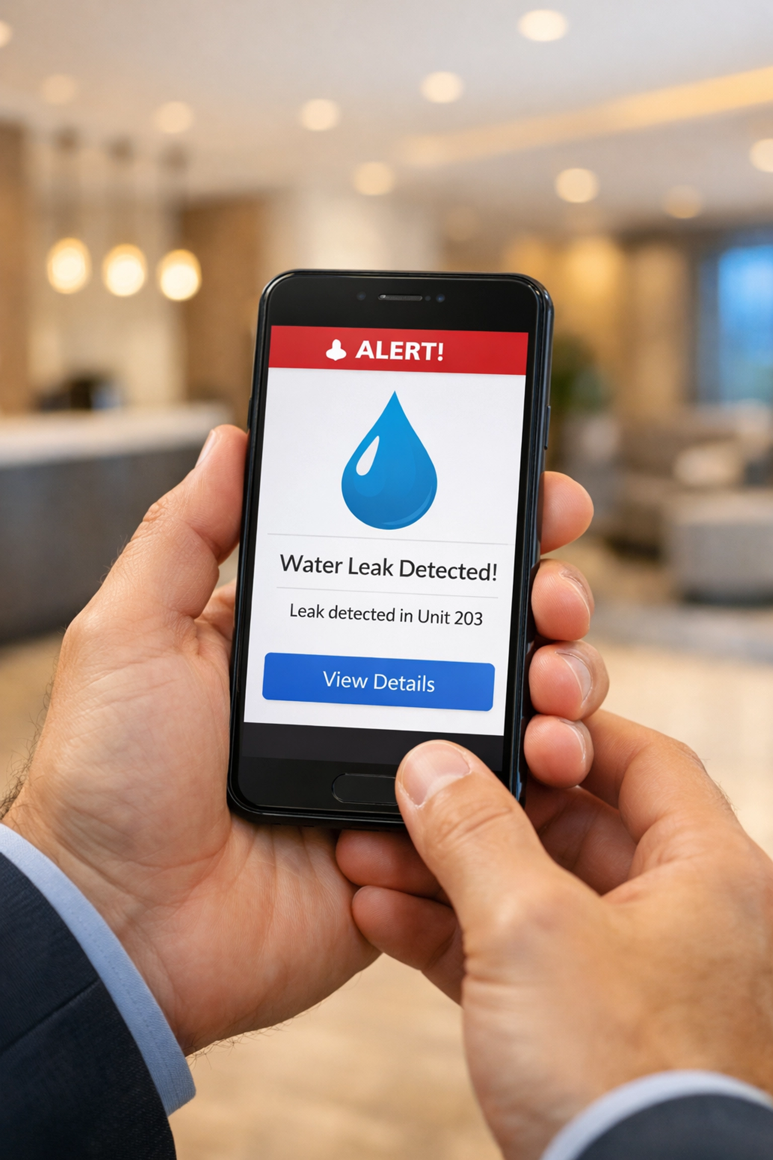 Property manager receiving real-time water leak alert notification on smartphone