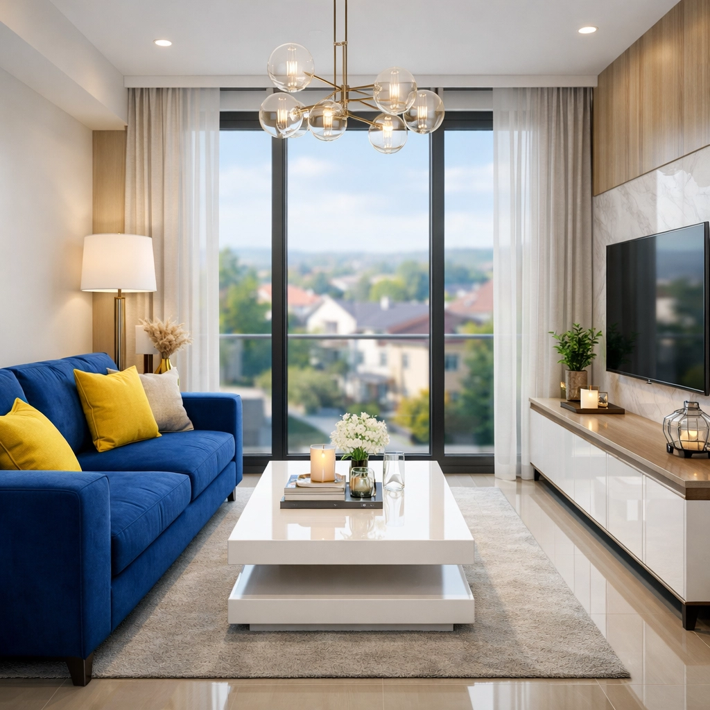 Immaculate apartment living room in Leominster MA, highlighting professional cleaning for seniors.