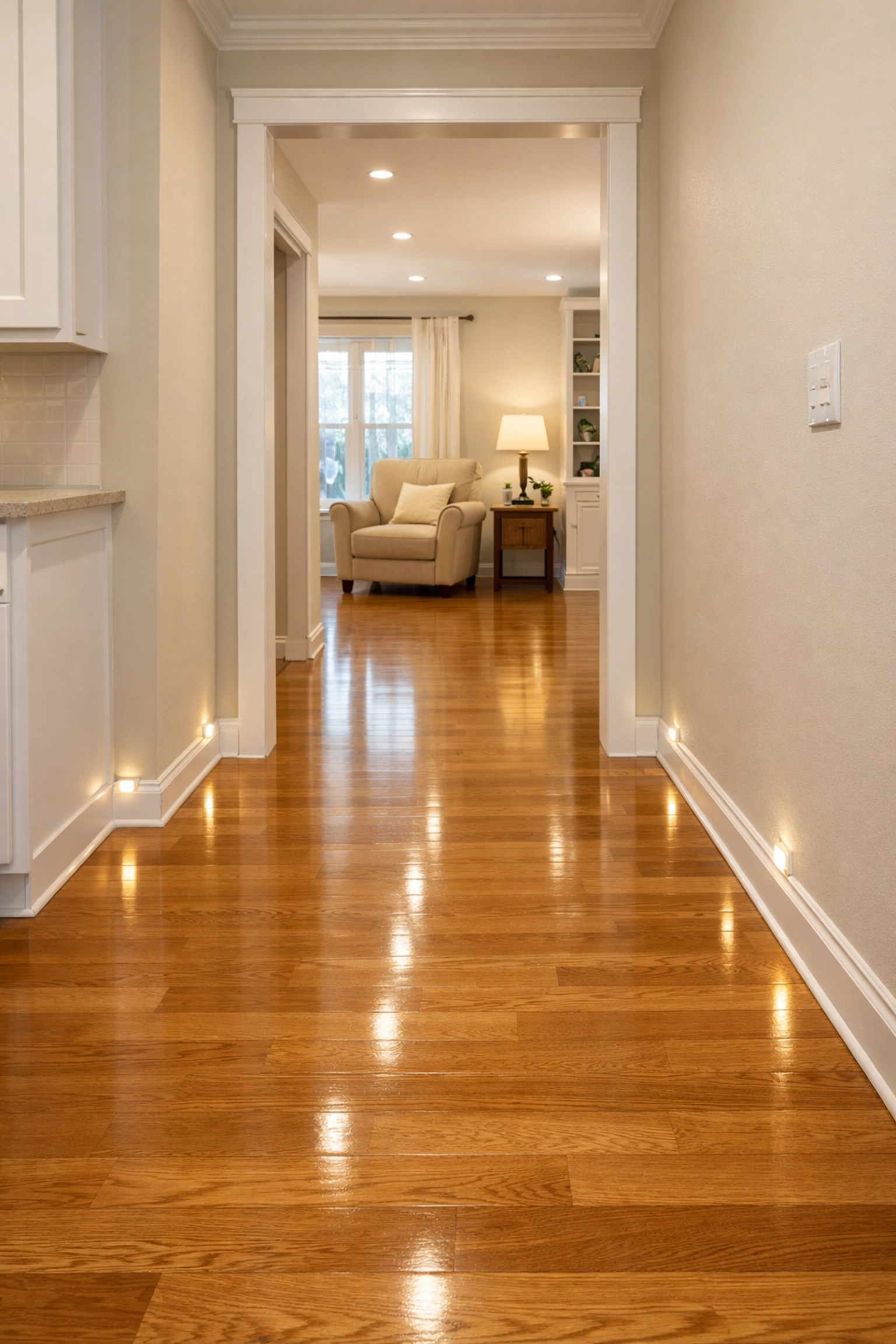 Clear, clutter-free hallway with motion-sync nightlights to prevent falls in the home.