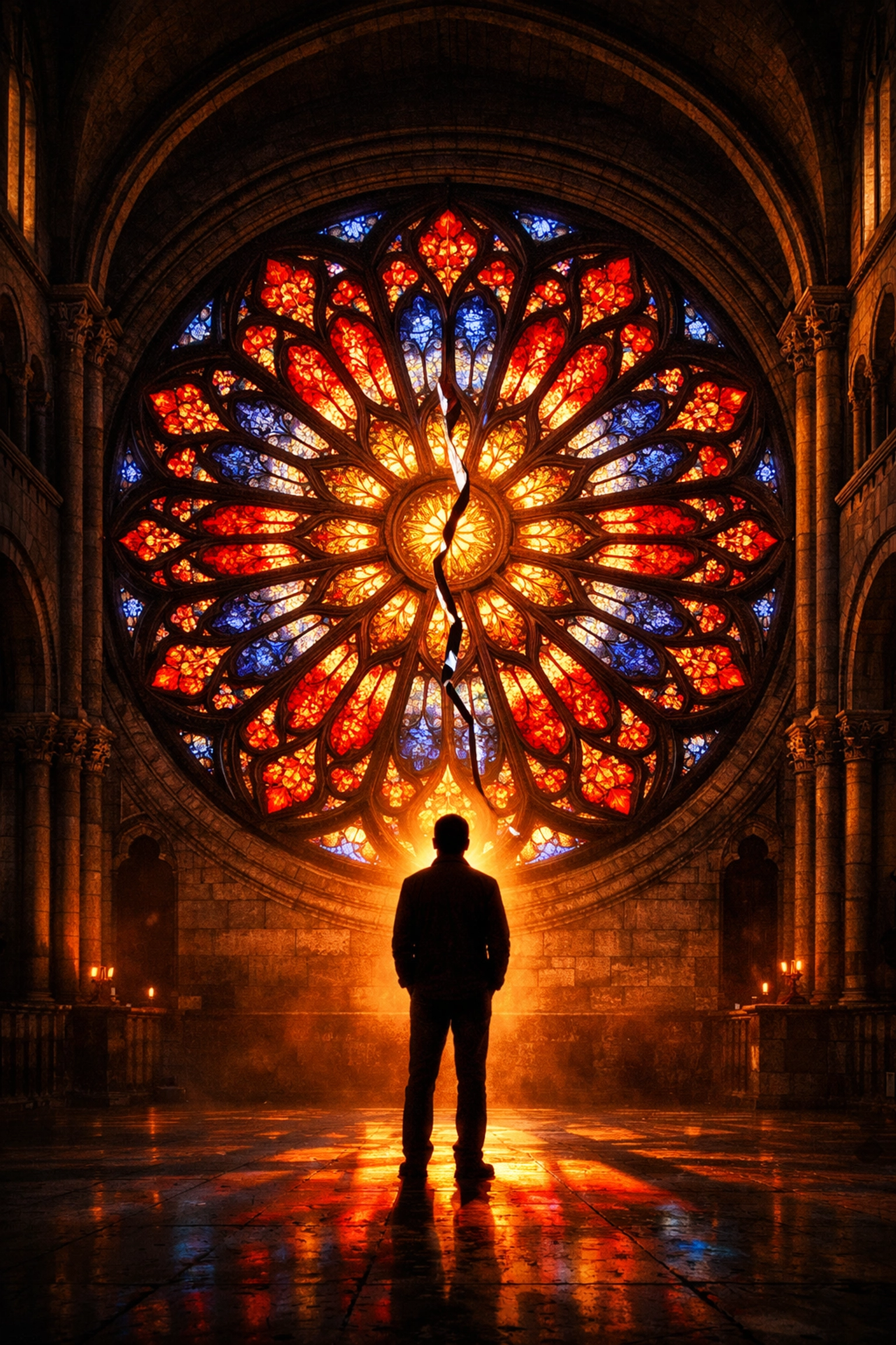 Cracked rose window in Roman basilica symbolizing faith and identity conflict