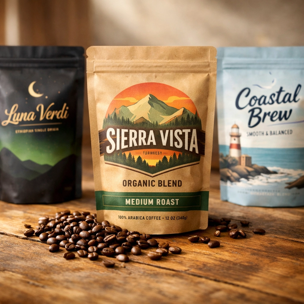 Custom branded coffee bags with specialty labels for dropshipping business