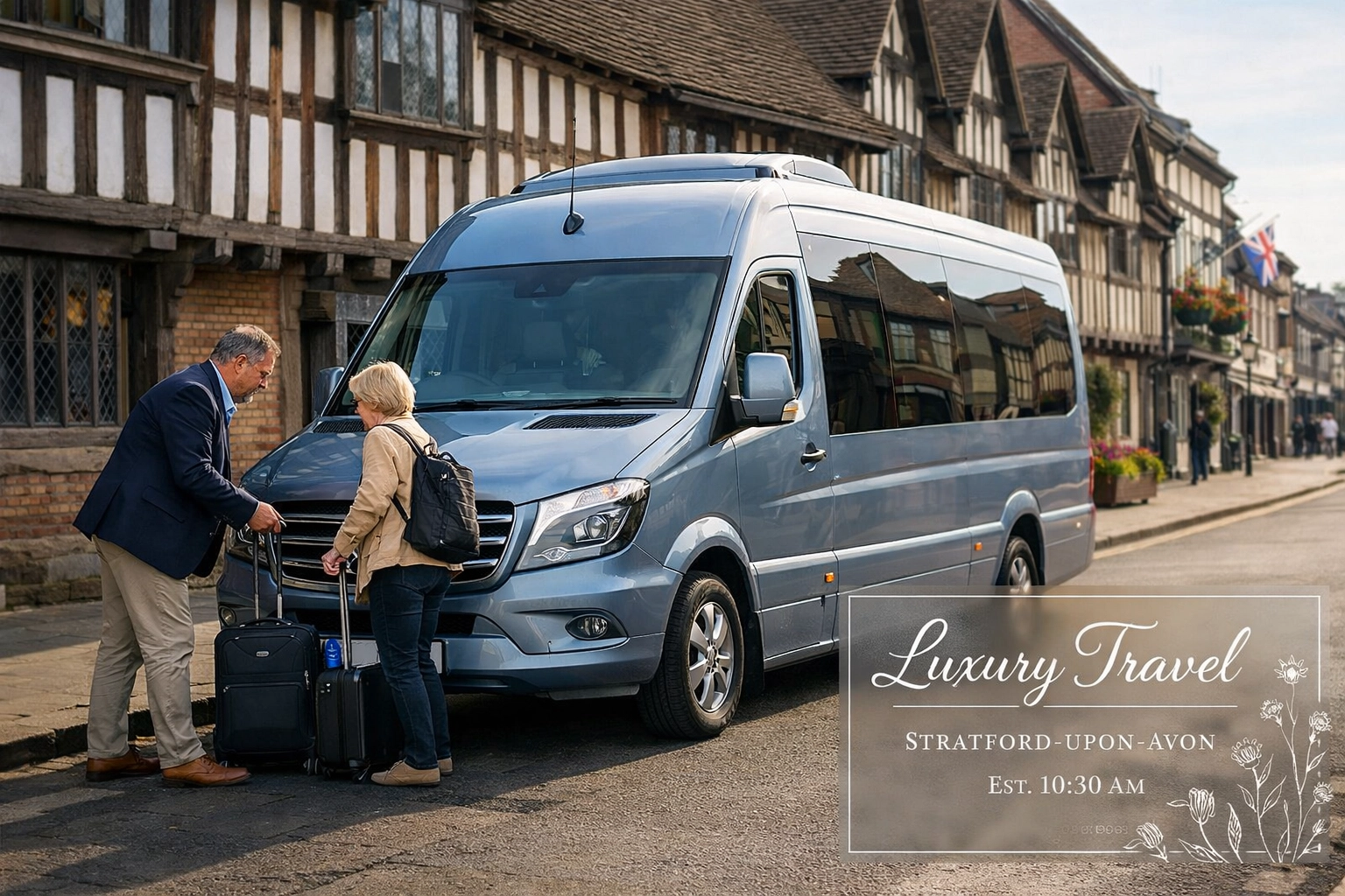 Silver Blue Mercedes luxury mini-coach departing Stratford-upon-Avon at 10:30 AM for a scenic tour to London.