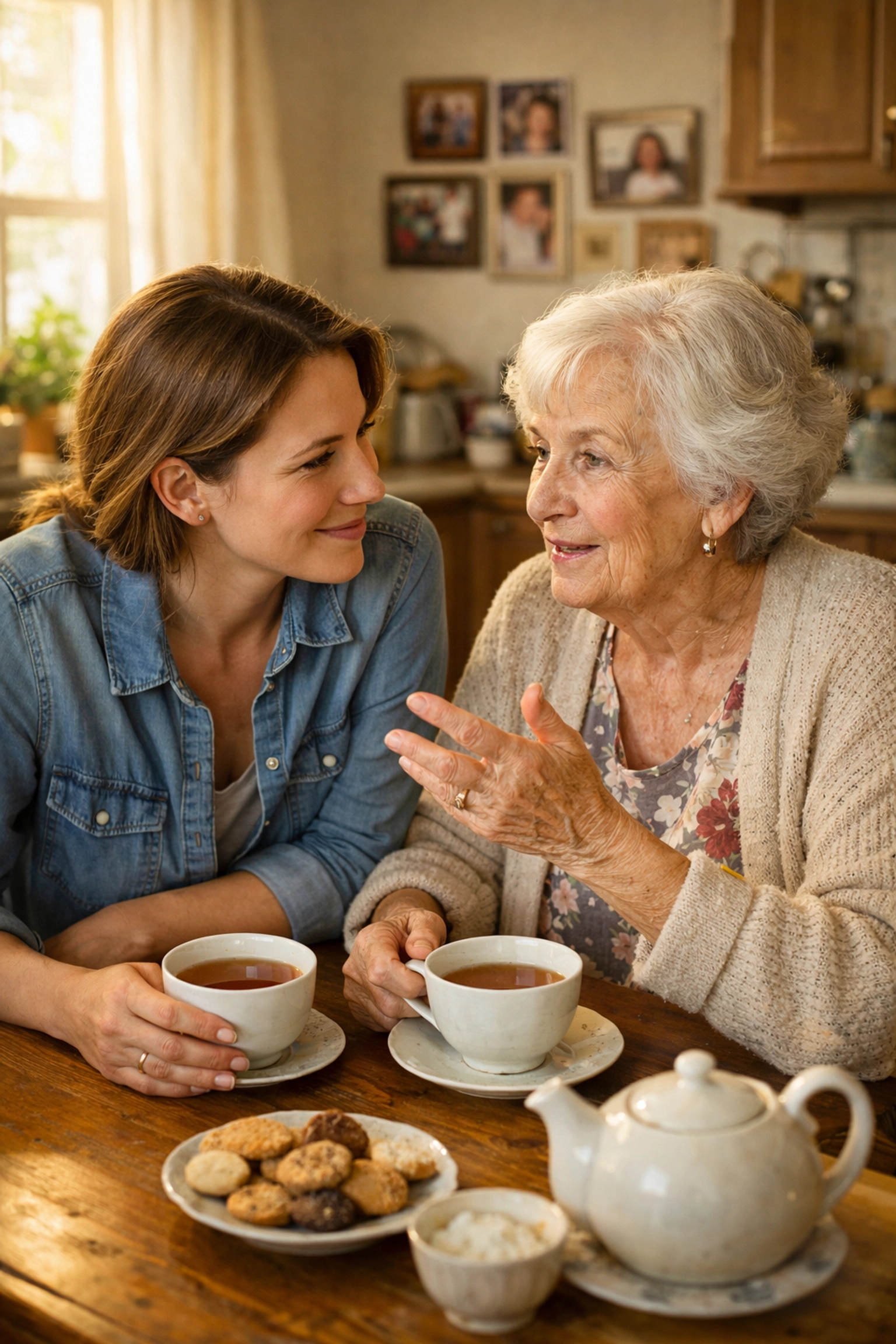 Adult daughter talking with aging mother about home safety over tea in kitchen