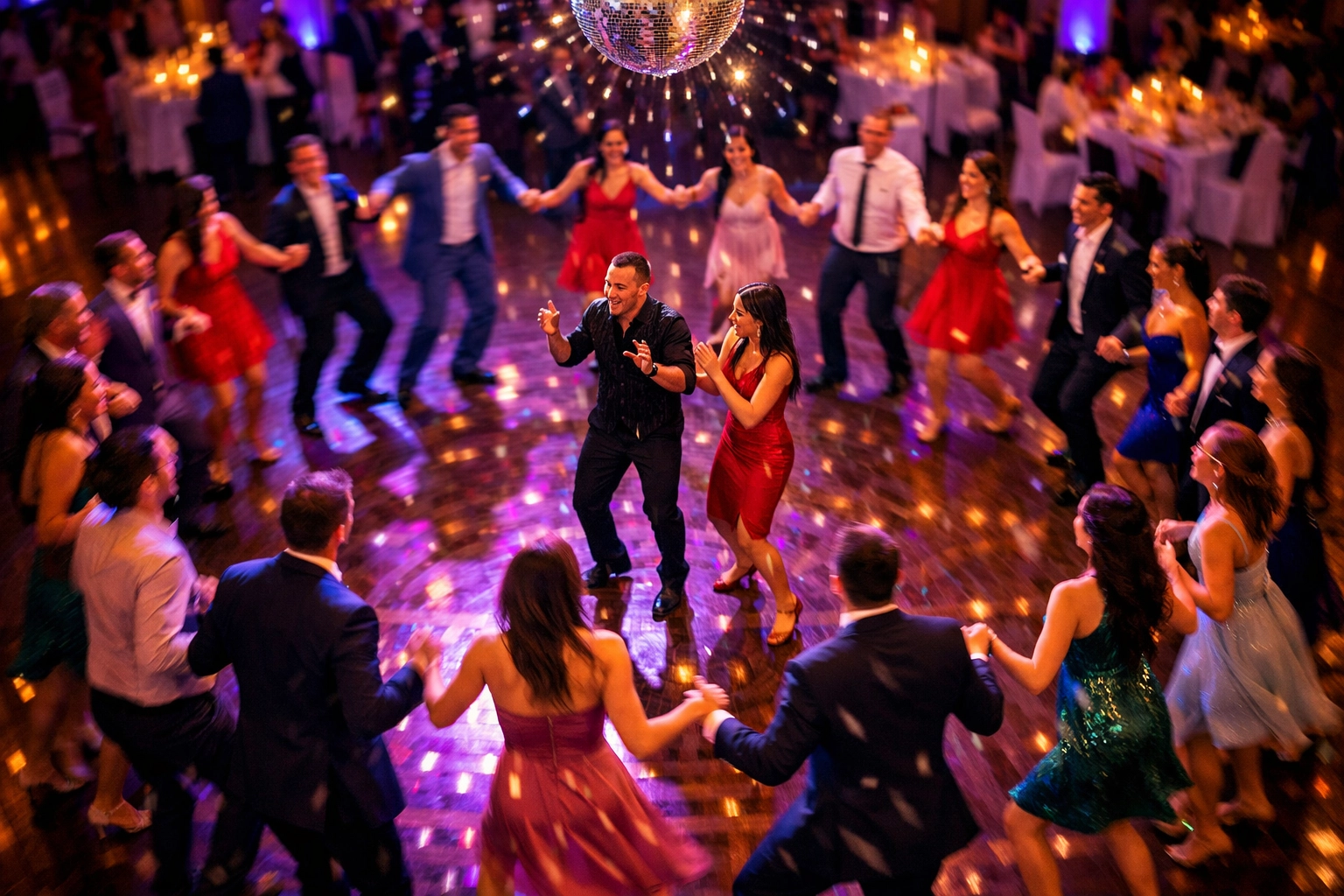 Wedding guests dancing Rueda de Casino salsa circle with professional instructors at reception