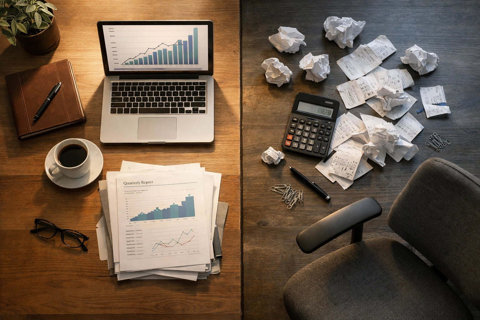 Desk showing contrast between organized productivity and partnership friction in family business