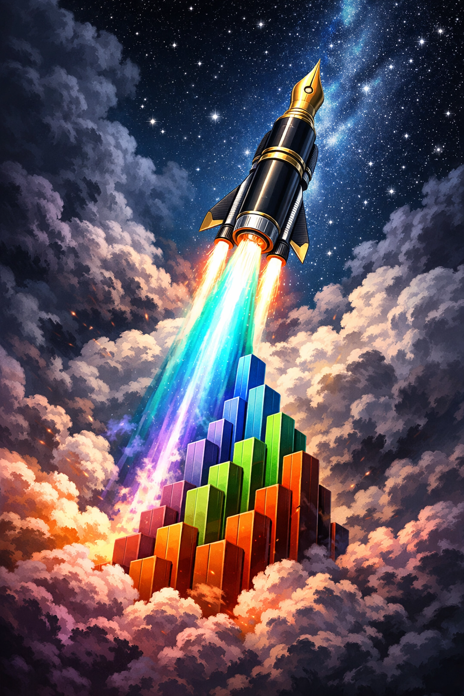 Rocket pen launching from data charts representing small business growth and custom software development.