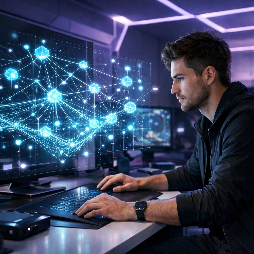 Young professional using high-tech AI interfaces for career readiness in a 2026 Gen Z learning lab.