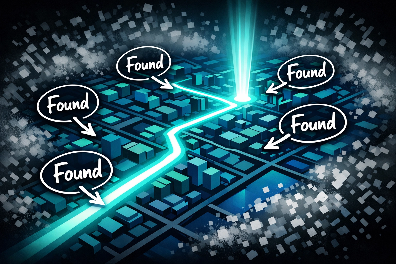 A digital map showing how consistent business listings create a clear path for AI visibility
