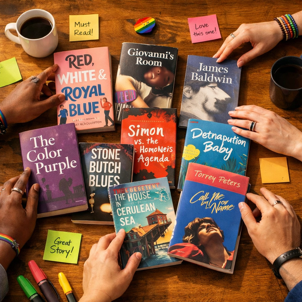 Hands curating gay romance books with pride accessories on table