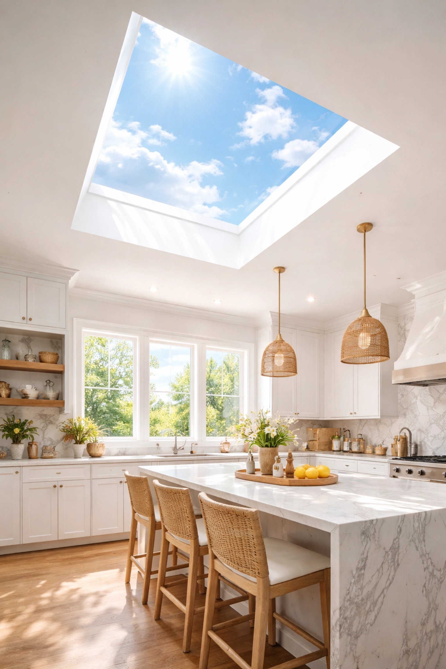 Modern Lake Norman kitchen with a large skylight, sunlight filling the space and enhancing home brightness.
