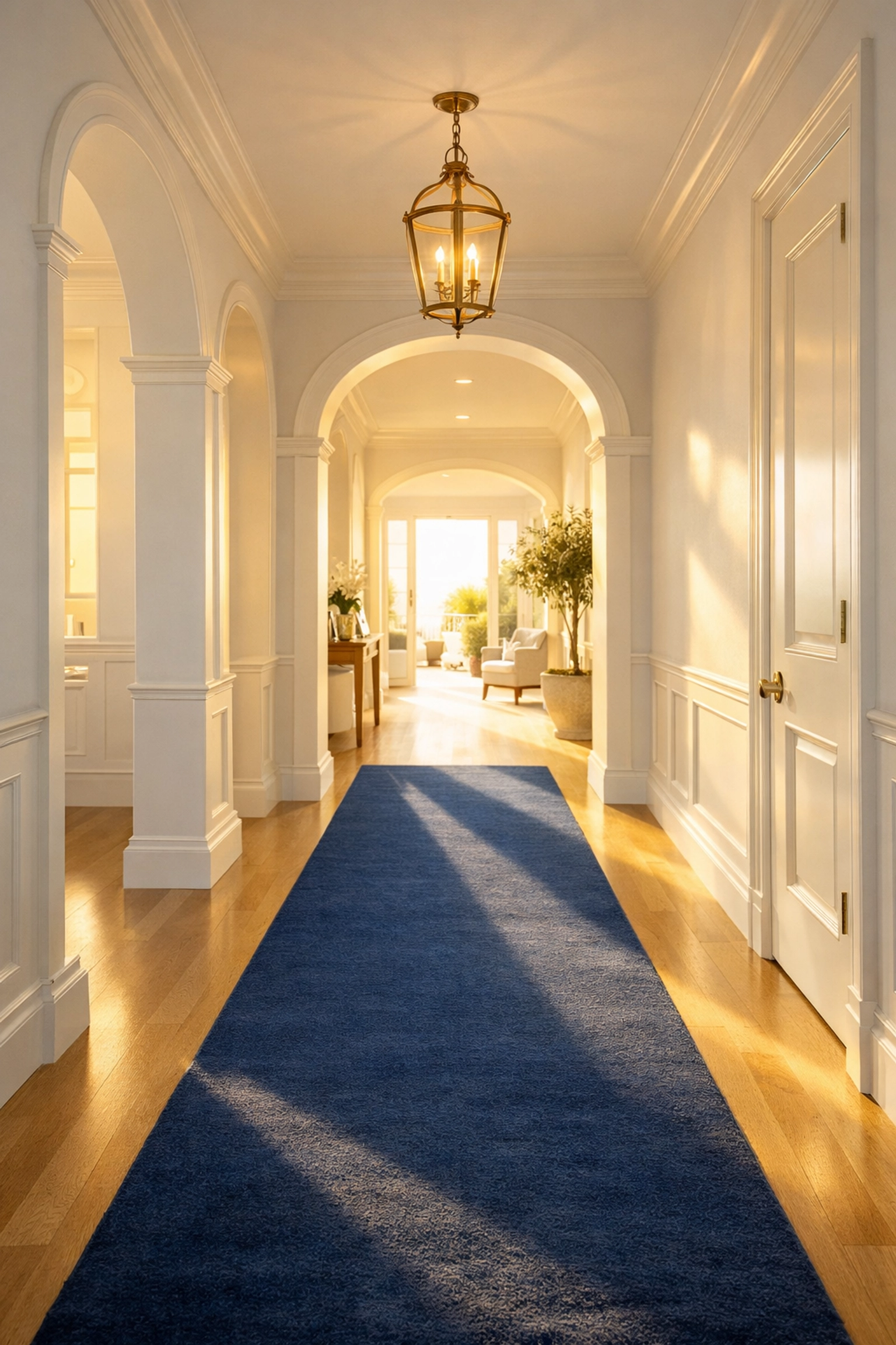 A sun-drenched clutter-free hallway in a luxury home showing the results of a personalized cleaning plan.