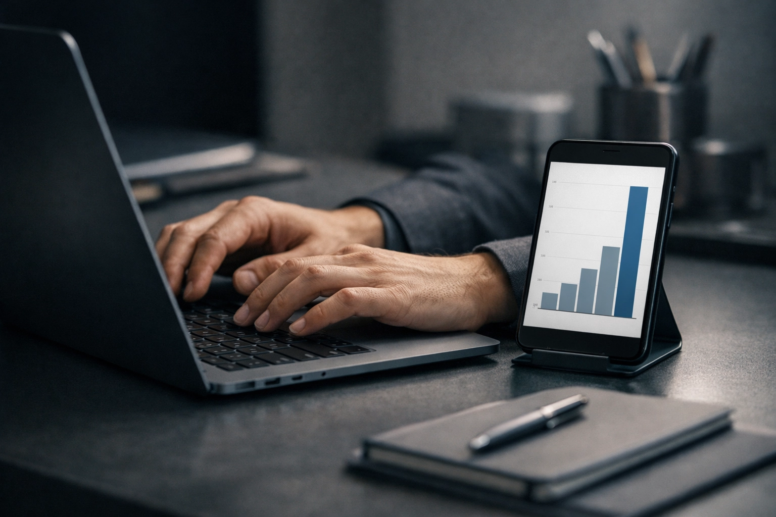 Hands on a laptop next to a growth chart showing the best performing marketing channel for scaling.