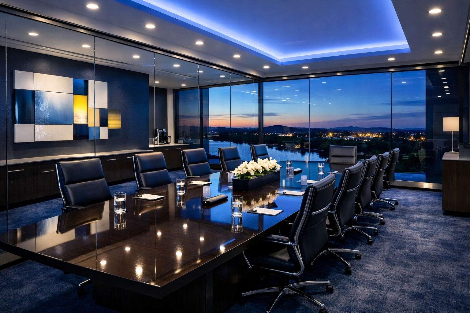 Luxury conference room with streak-free glass walls, ready for a meeting after professional commercial cleaning.