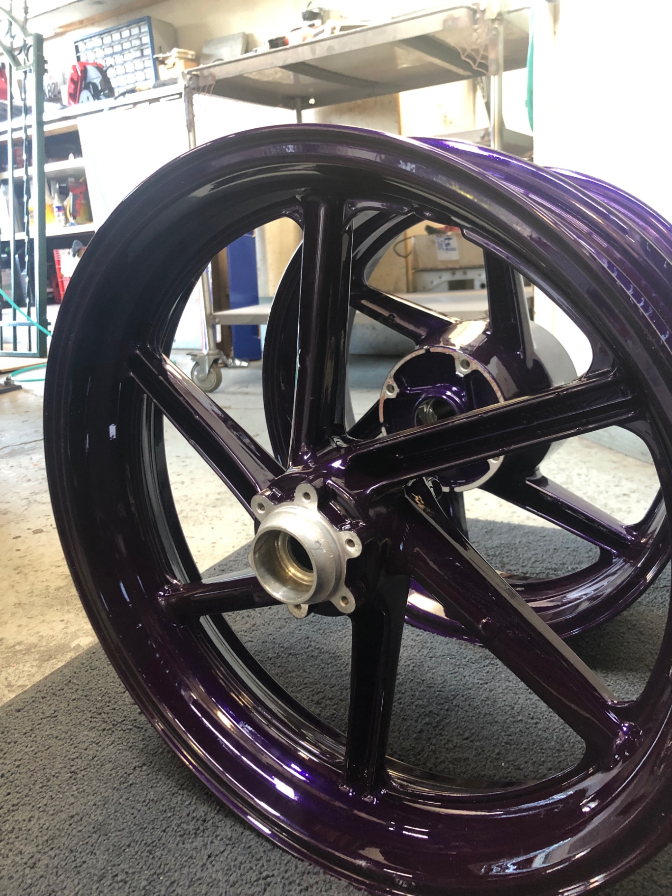 Deep purple metallic powder coated motorcycle wheel