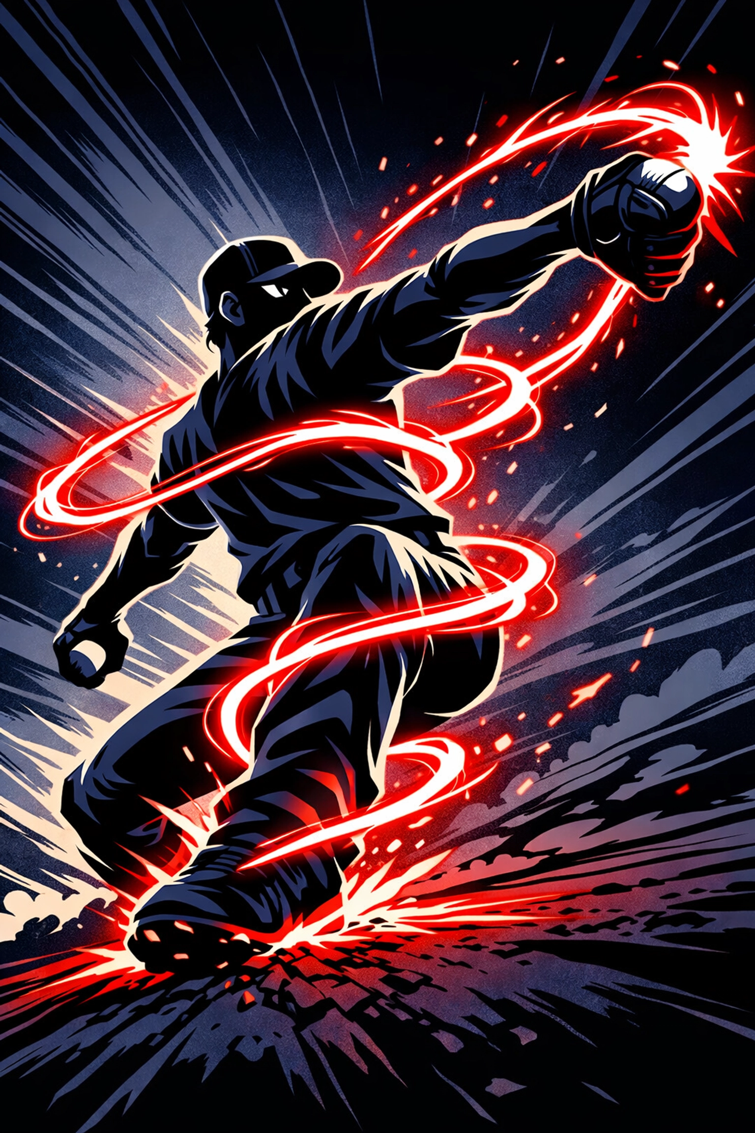 Graphic of a baseball pitcher demonstrating the kinetic chain and energy transfer for maximum throwing velocity.