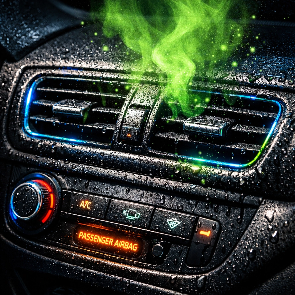 Car interior dashboard with moisture droplets revealing flood damage