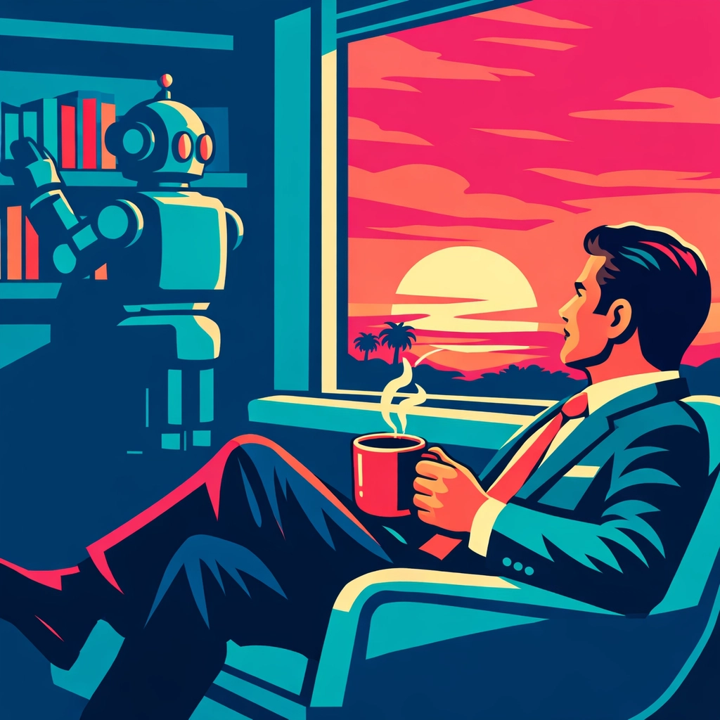 Business owner relaxing while helpful AI business automation tools handle background tasks and organization.