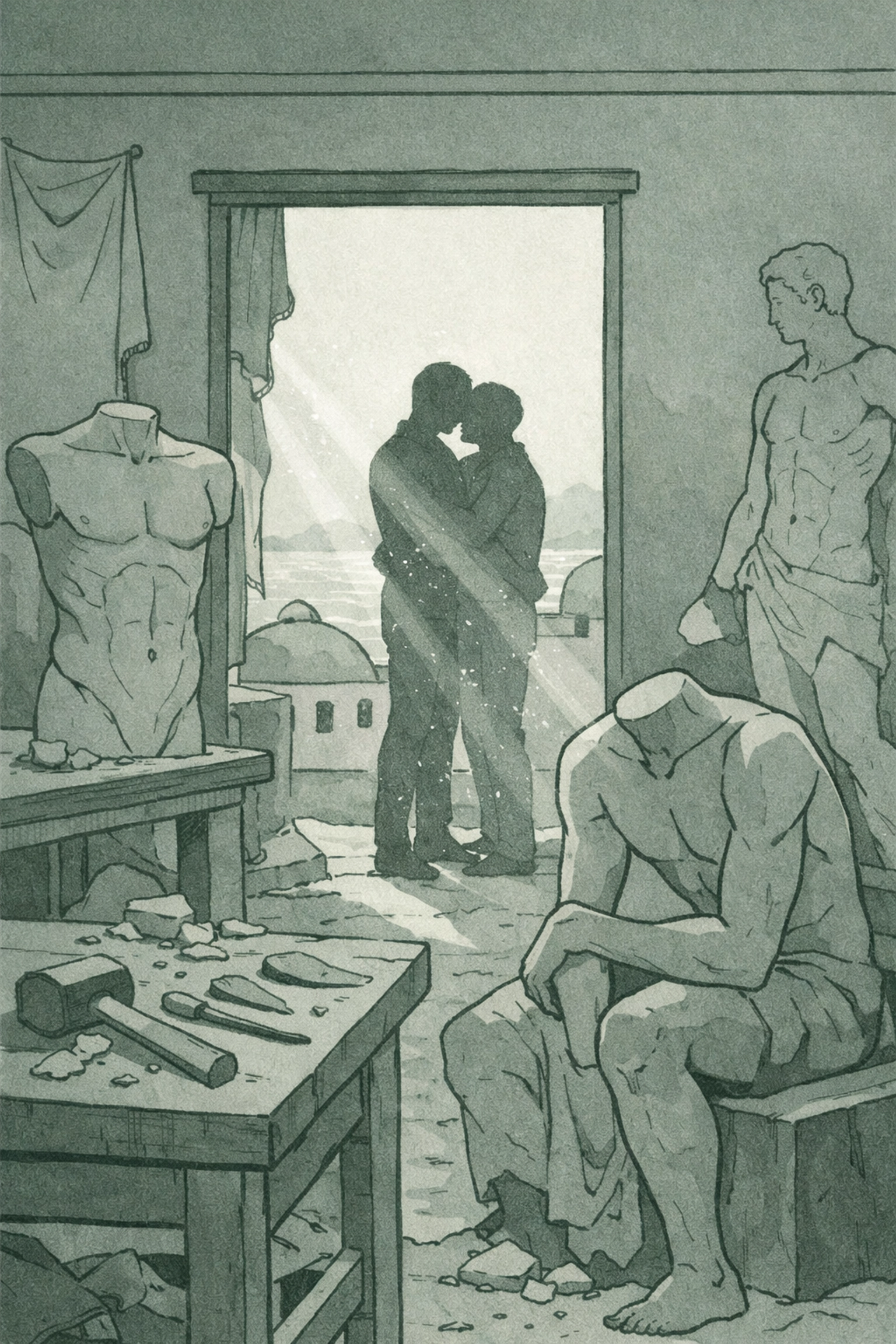 Sculptor's studio with marble figures and two men embracing in Aegean sunlight