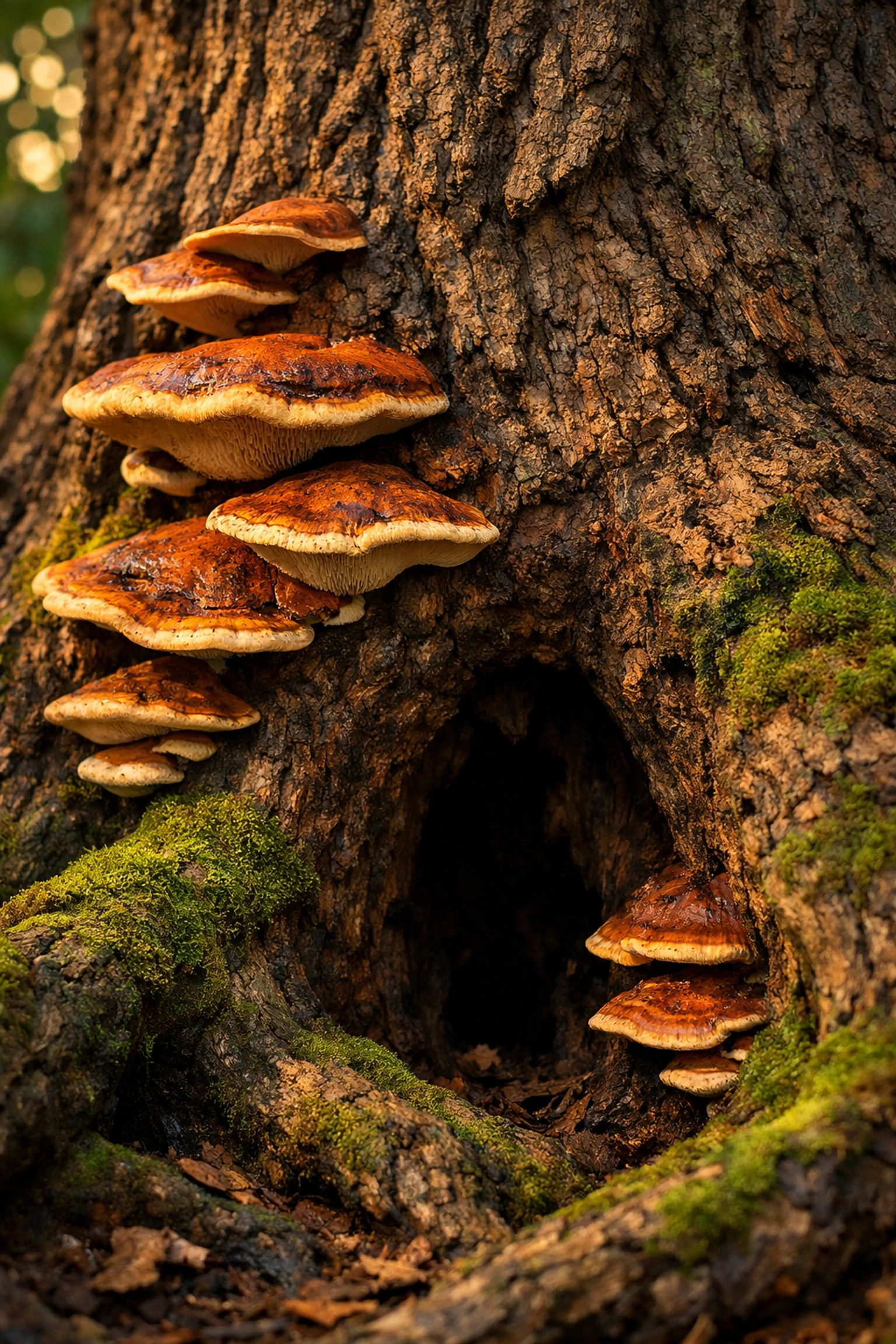 Mushrooms and hollow trunk on a decaying oak tree signaling a need for tree removal Chattanooga TN.