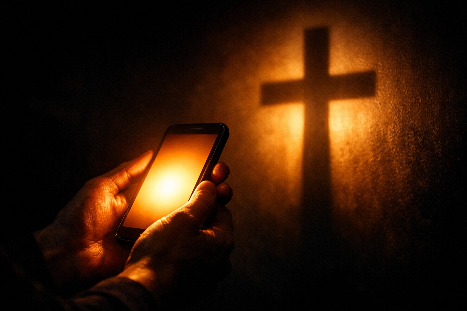 A smartphone glowing in the dark casting a cross-shaped shadow to represent digital evangelism.