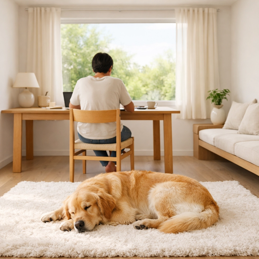 A worker in a calm office with a sleeping dog, illustrating the ROI of pet parent productivity.