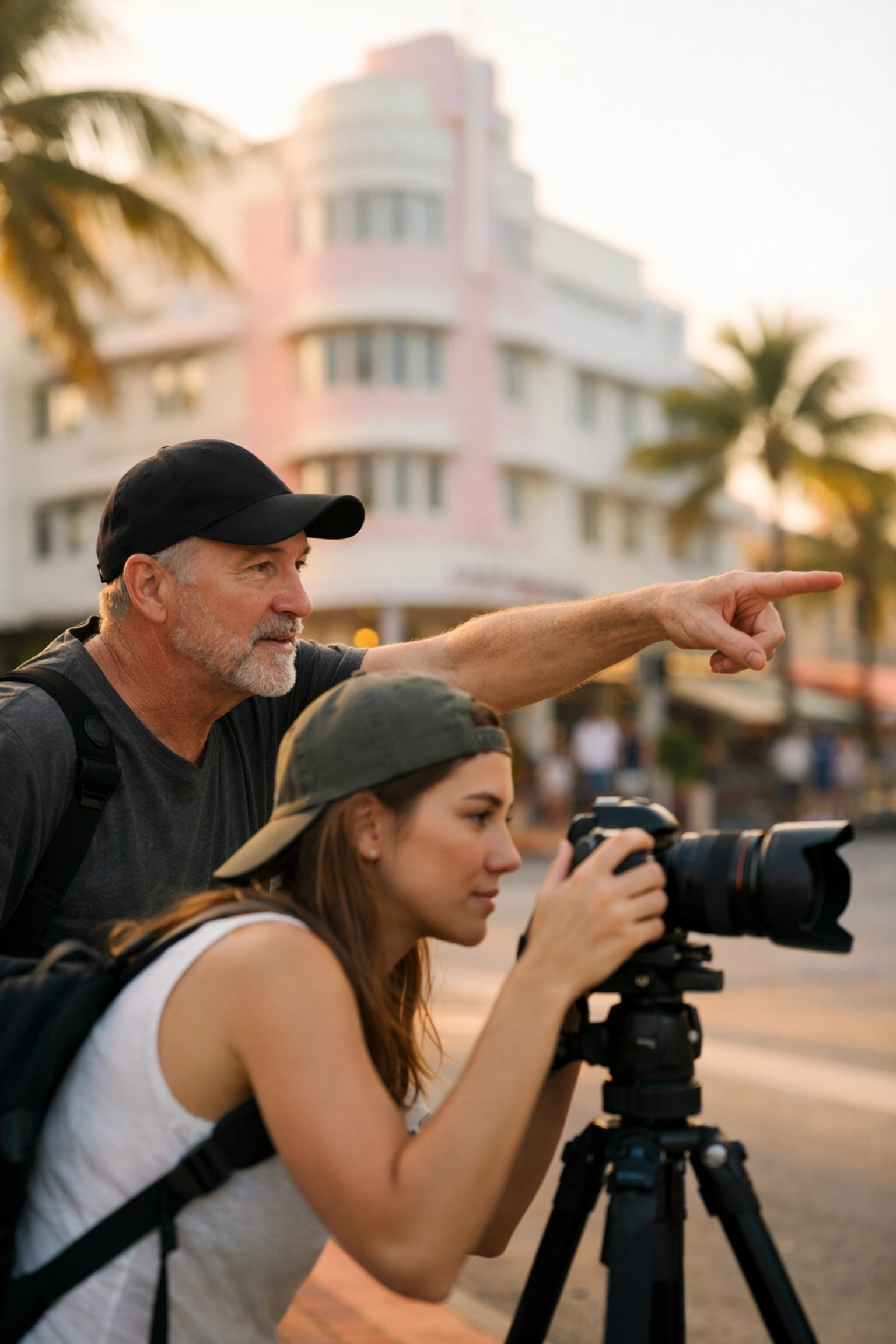 Instructor teaching a student during a private miami photography tour in the Art Deco District.