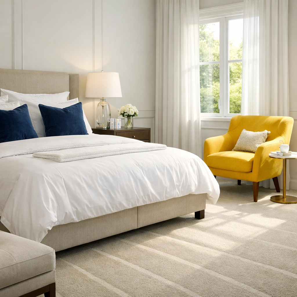 Serene bedroom with crisp linens and vacuumed carpets after a professional deep cleaning in Winchester.