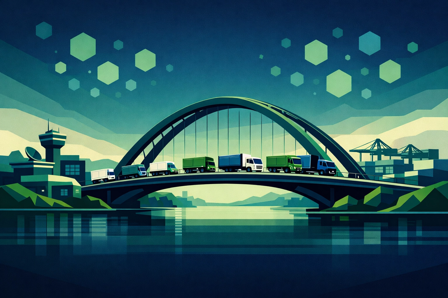 Class 1 and 2 trucks crossing a bridge representing newly qualified HGV drivers entering the industry.