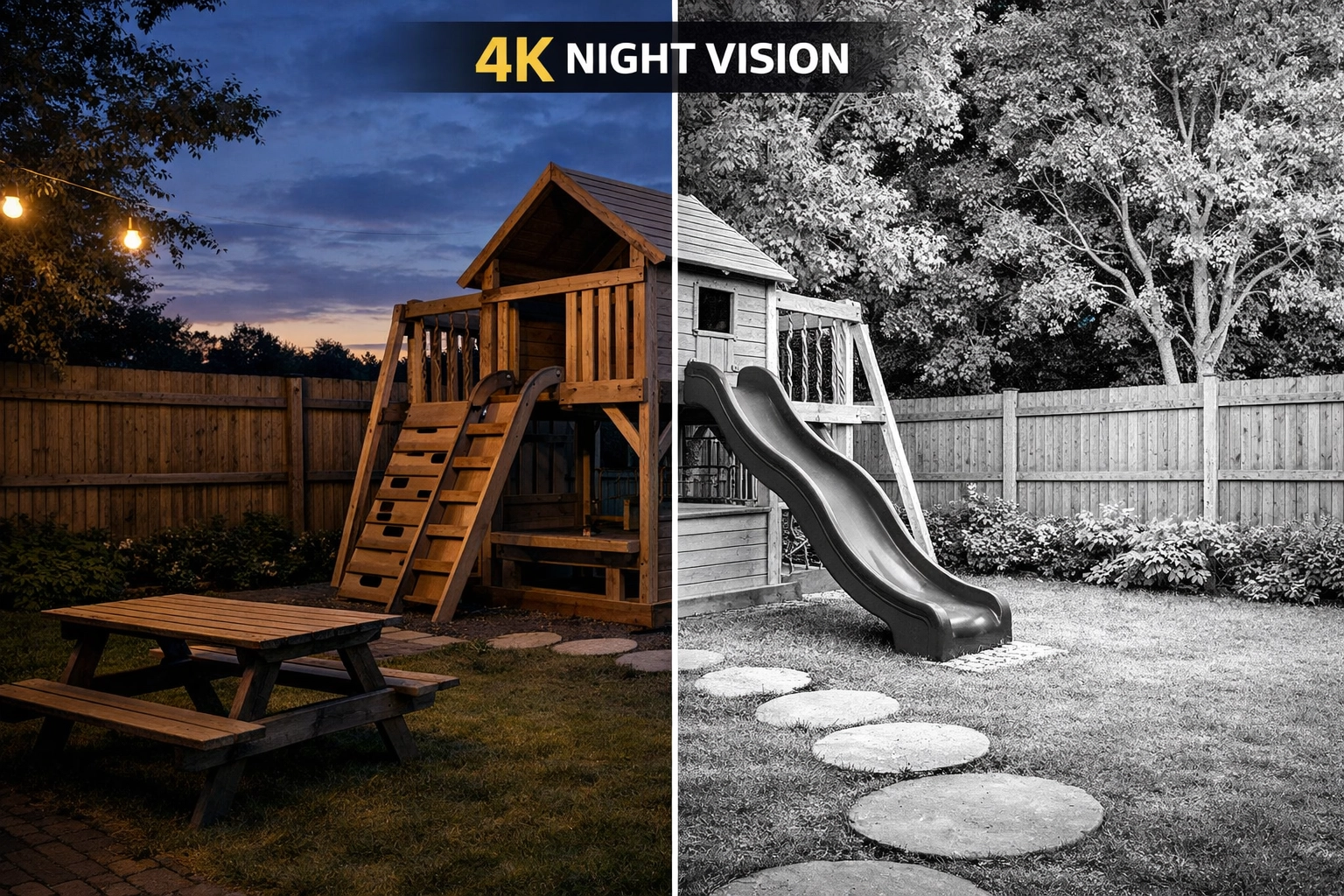 Comparison showing clear 4K night vision surveillance of a nursery outdoor playground and garden.