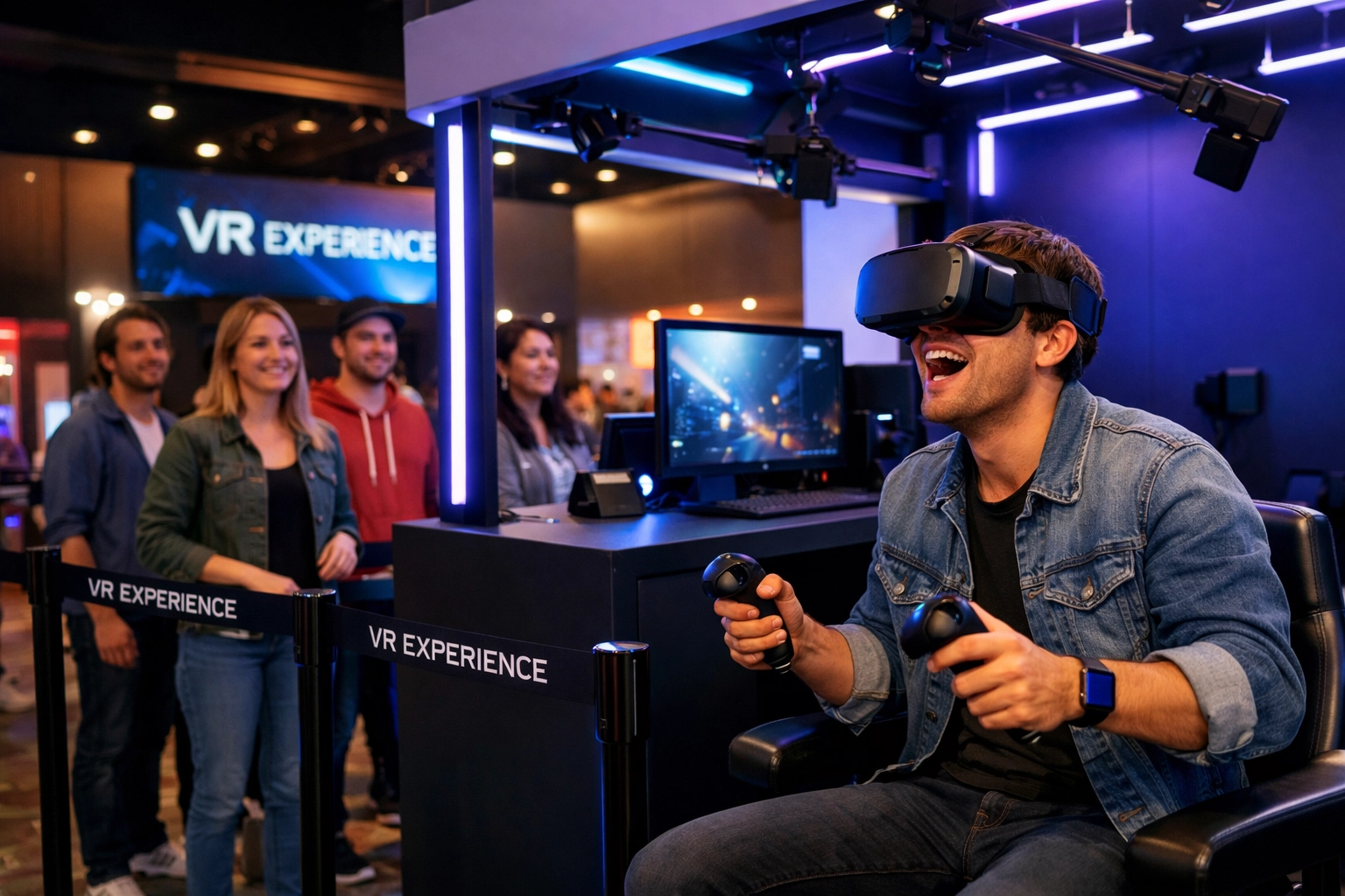 VR activation booth at entertainment venue with attendee experiencing immersive brand sponsorship technology