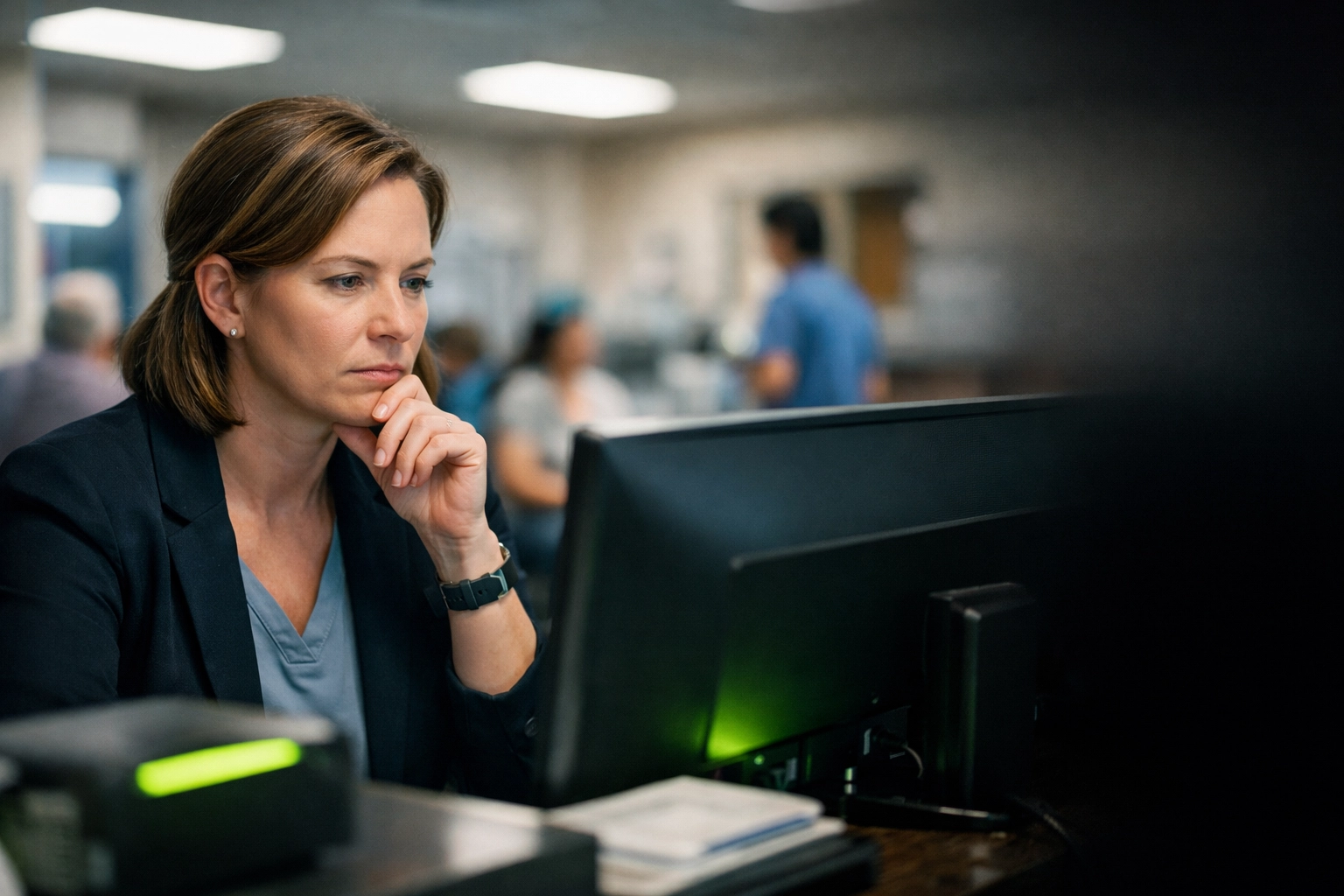 Healthcare worker in Lincoln Nebraska evaluating computer screen for cybersecurity threats and security awareness training.