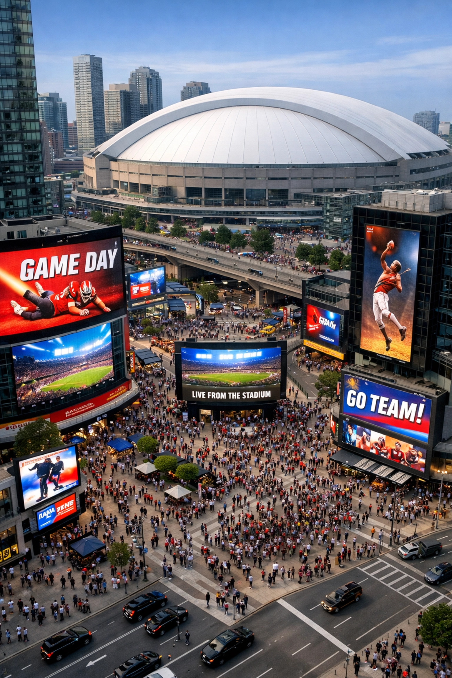 Urban landscape showing multiple digital billboards and sports advertising screens in a city center.