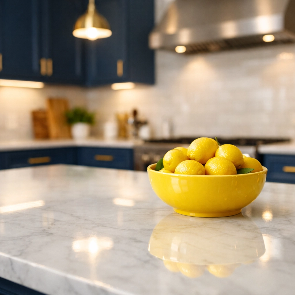 Pristine kitchen with marble countertops and blue cabinets after a weekly house cleaning service in Northborough.