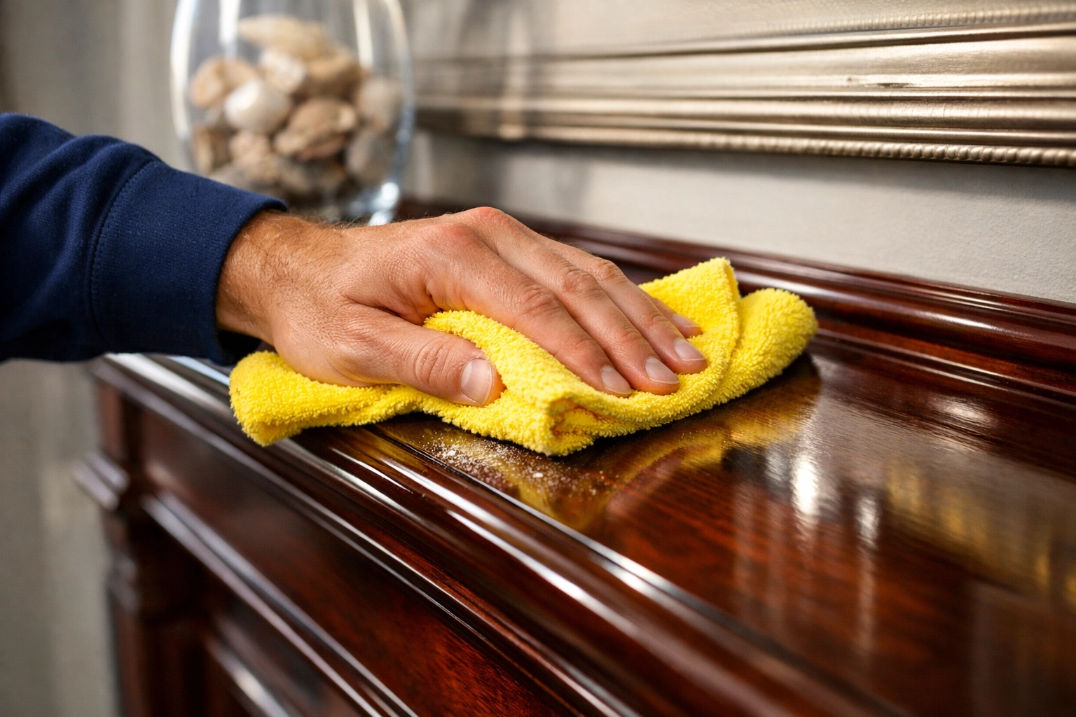 Using a microfiber cloth for efficient dusting during weekly house cleaning in Duxbury.