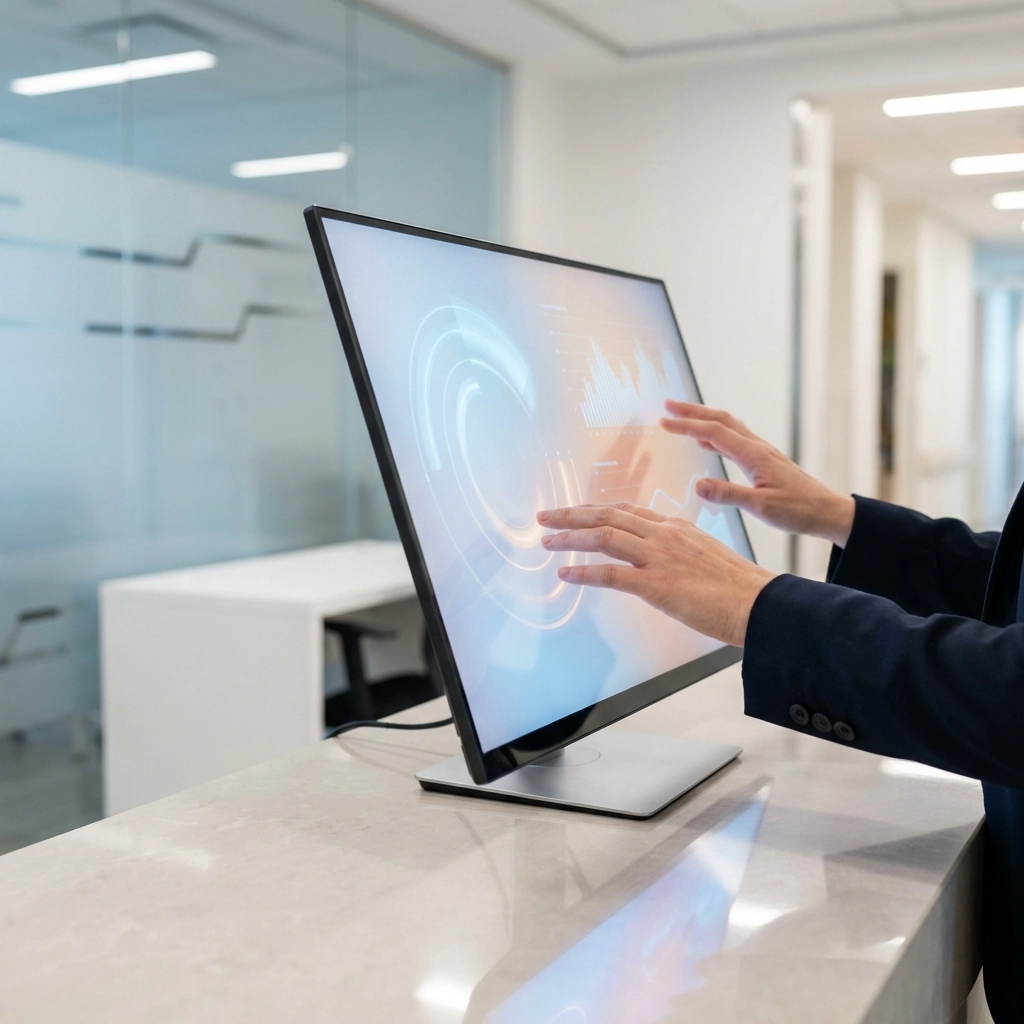 Healthcare administrator uses touchscreen to manage nurse staffing efficiently in a modern hospital office.