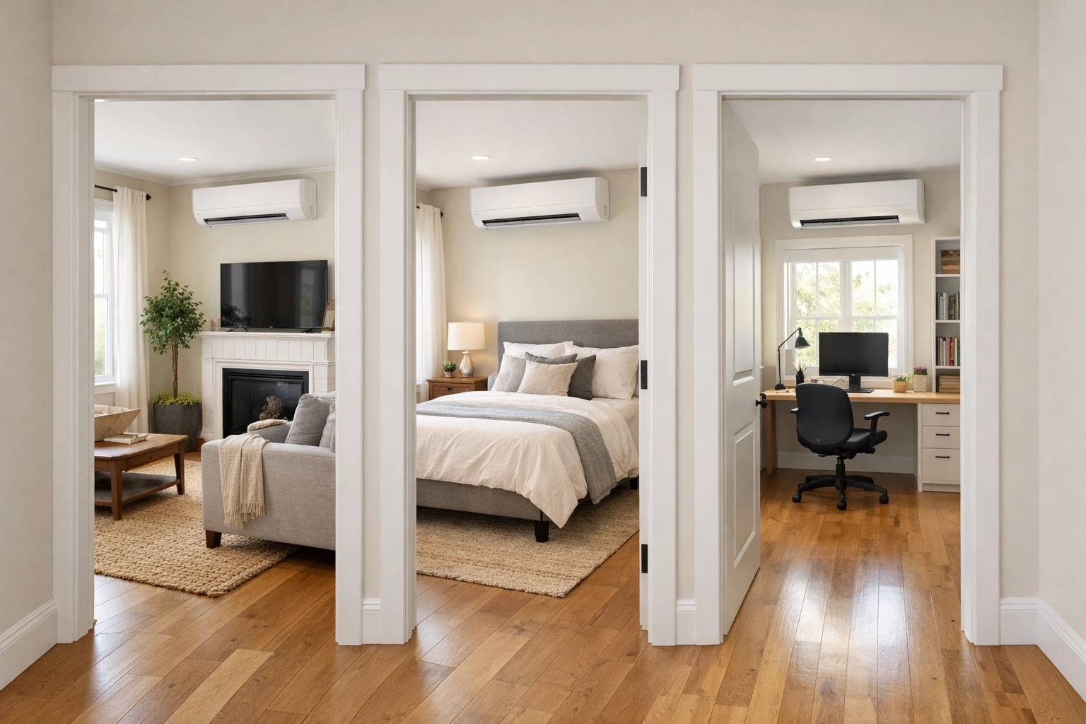 Three single-zone mini split units installed in different rooms of Maine home